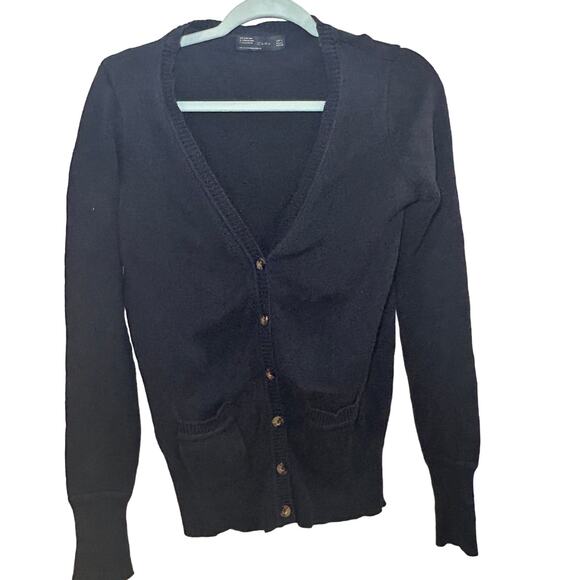 Zara V-Neck Button Front‎ Cardigan Sweater Size Large Navy Blue Cotton Pockets - Picture 1 of 8